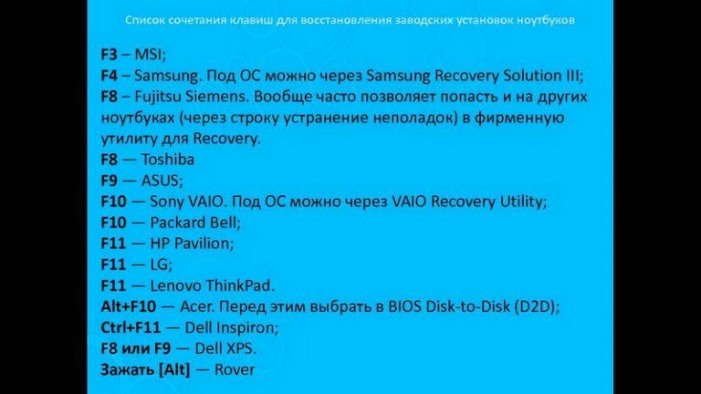 Клавиши вызывающие меню восстановления заводских настроек компьютера